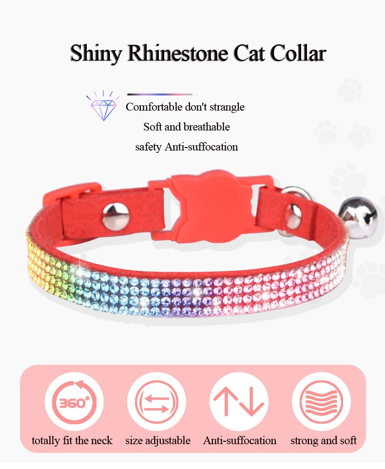Small Cat Collar Rhinestone Breakaway Shiny Pet Goats Necklace Collier Chain Quick Release Safety Soft Suede Luxury for Kitten