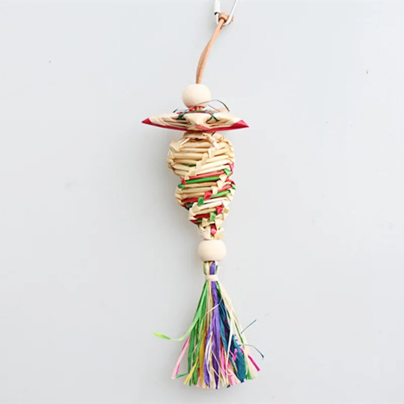 1 Pcs Pet Parrot Bird Chew Toys Handmade Natural Straw  Chewing Bite Hanging Cage Bell Swing Climb Playing Pendant
