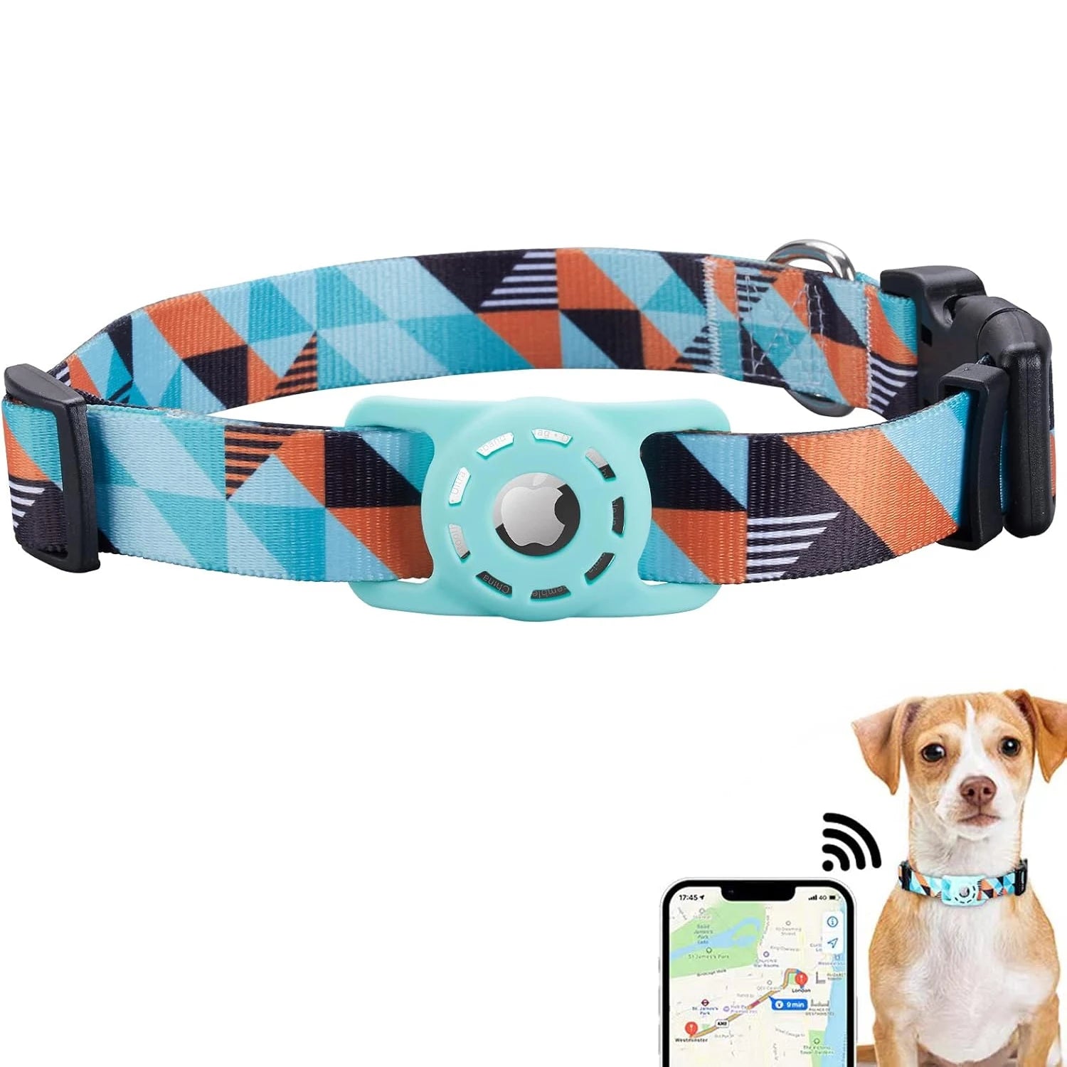 AirTag Dog Collar, for Apple AirTag, Polyester Pattern Pet Puppy Collar with Silicone AirTag Holder for Small Medium Large Dogs