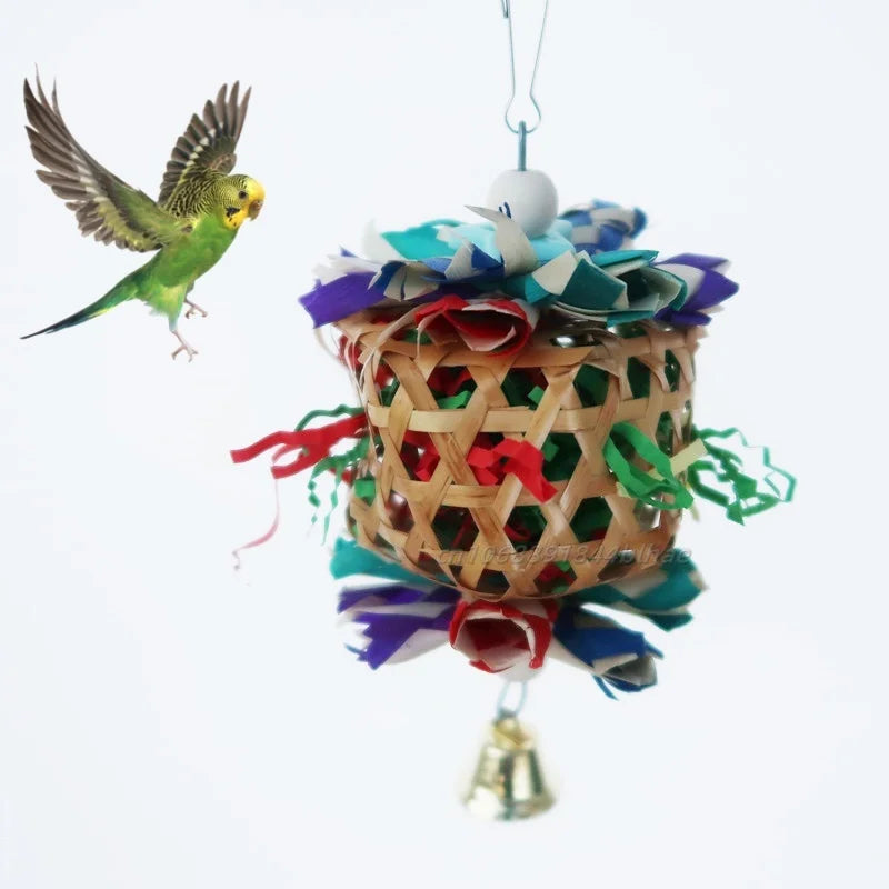Parrot Bird Hanging Chewing Toys Natural Bamboo Cage Shred Foraging Toy With Bells Bird Cage Accessories
