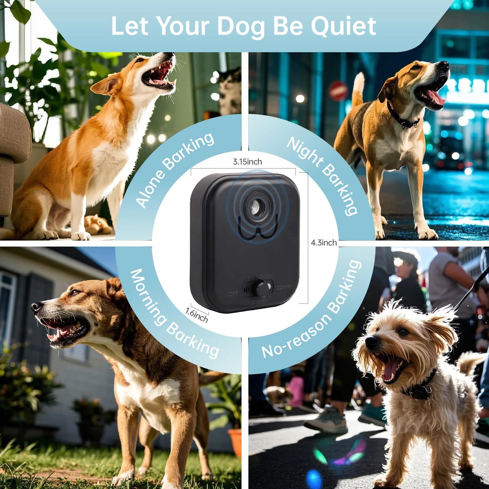 Ultrasonic Dog Bark Deterrent Device, Anti Barking Device up to 50Ft Range, High-Frequencyf or Dogs with 3 Modes, Indoor/Outdoor