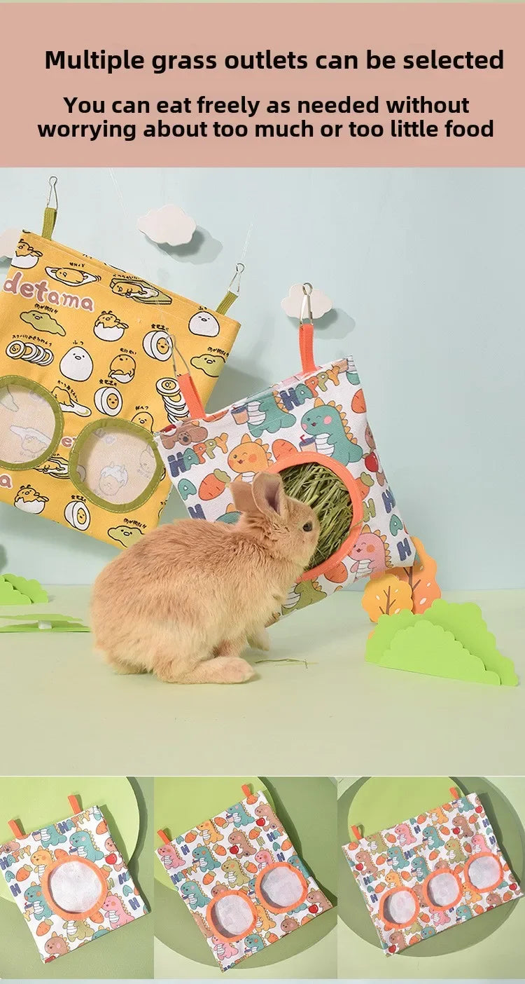 Rabbit Hay Feeding Bags 1/2/3 Holes Cartoon Printed Guinea Pigs Hanging Feeder Chinchilla Food Organizer Pet Cage Supplies