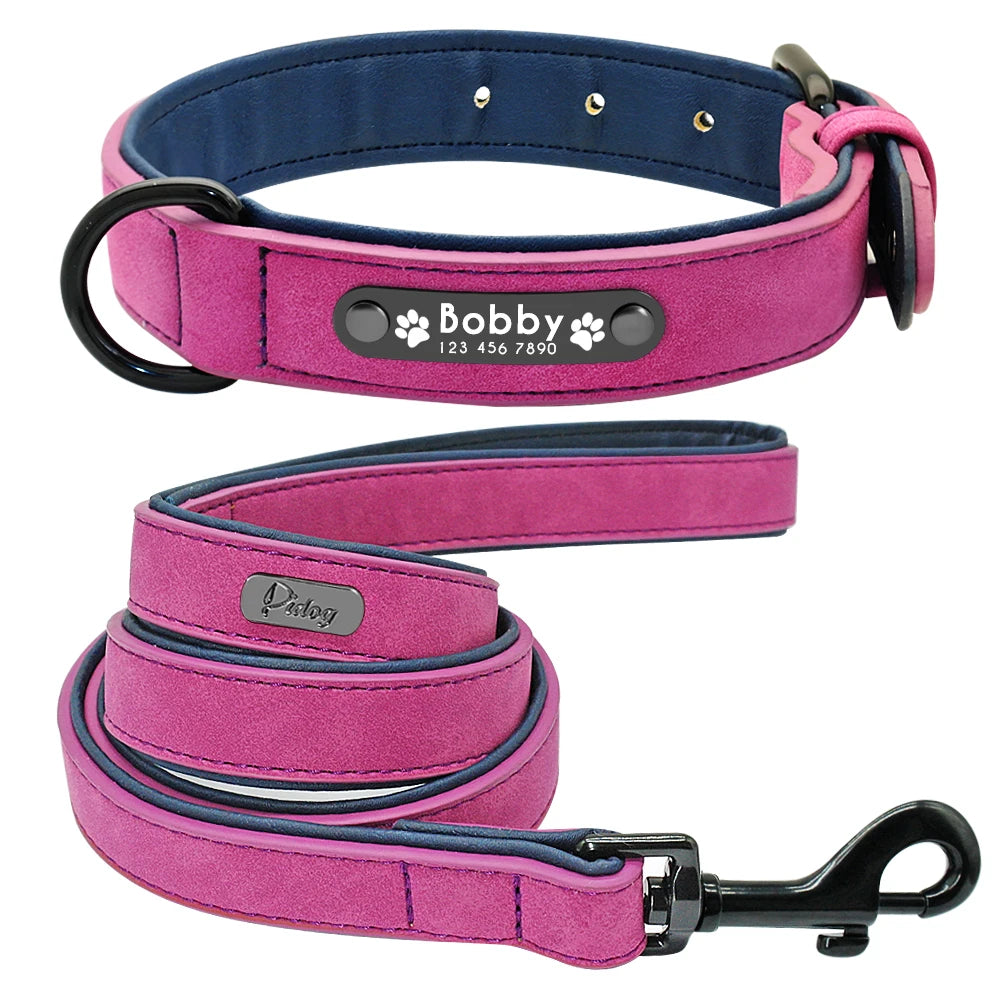 Custom Leather Dog Collar Leash Personalized Pet Collars and Leash Set Durable Leather Collar Lead for Small Medium Large Dogs
