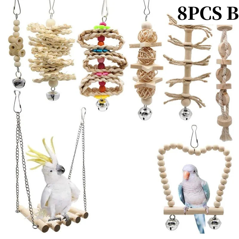 Parrots Wood Toys Cockatiel Toys Bird Cage Swing Hammock Chewing Toy Colorful Parakeet Wooden Hanging Bell Parrot Training Toys