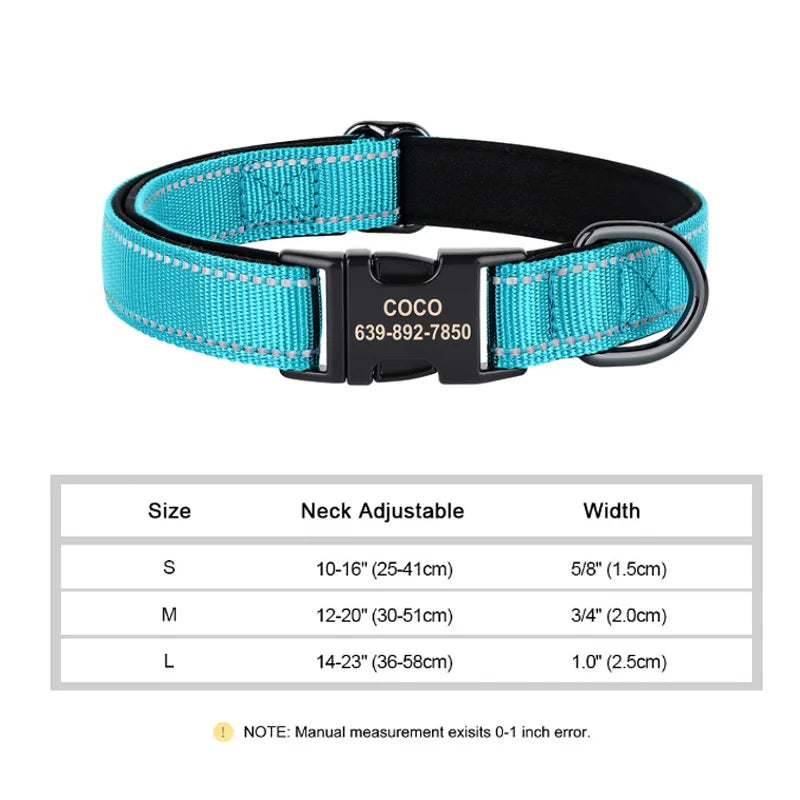 Reflective Personalized Dog Collar Engrave ID Nylon Collars Soft Padded Dogs Collar Adjustable for Small Medium Large Dogs Pug