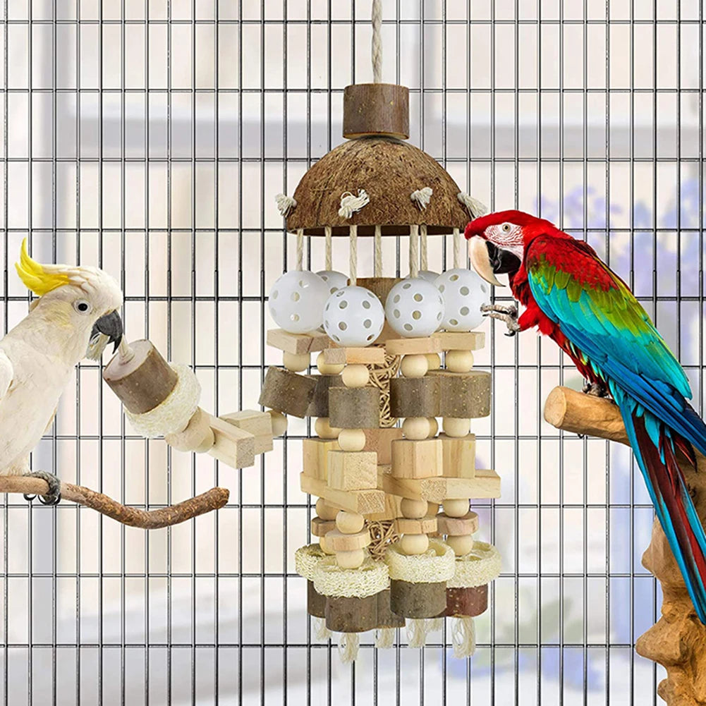 Bird Parrot Toy Large Parrot Toy Natural Wooden Blocks Bird Chewing Toy Parrot Cage Bite Toy Suits for Macaws Parrots