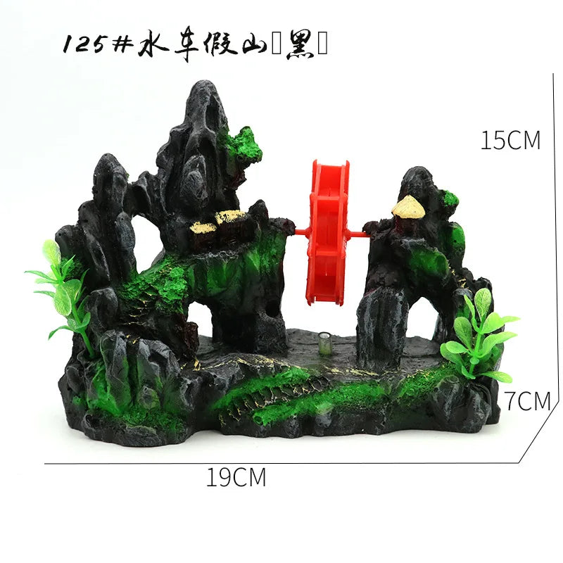 Fish Tank Landscaping Waterwheel Rock Mountain Decor Air Maker Resin Decoration Castle Fish Shrimp Shelter Aquarium Accessories
