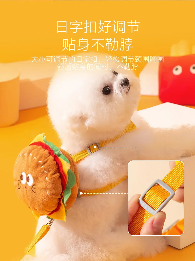Pet Cute Burger and French Fries Backpack Towing Rope Cat Vest Dog Chest Strap for Walking Dog Rope Supplies Dog Bag