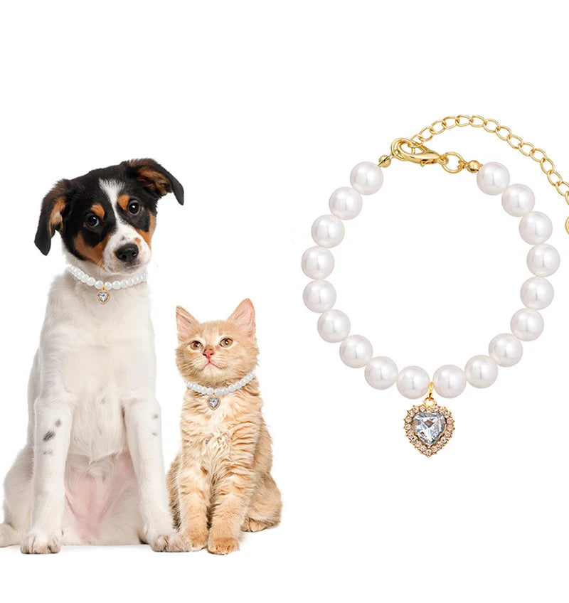 Pearl Cat Necklace Cute Cat Collar Decoration Love Crystal Cat Pendant Adjustable Kitten Necklace Fashion Pet Supplies