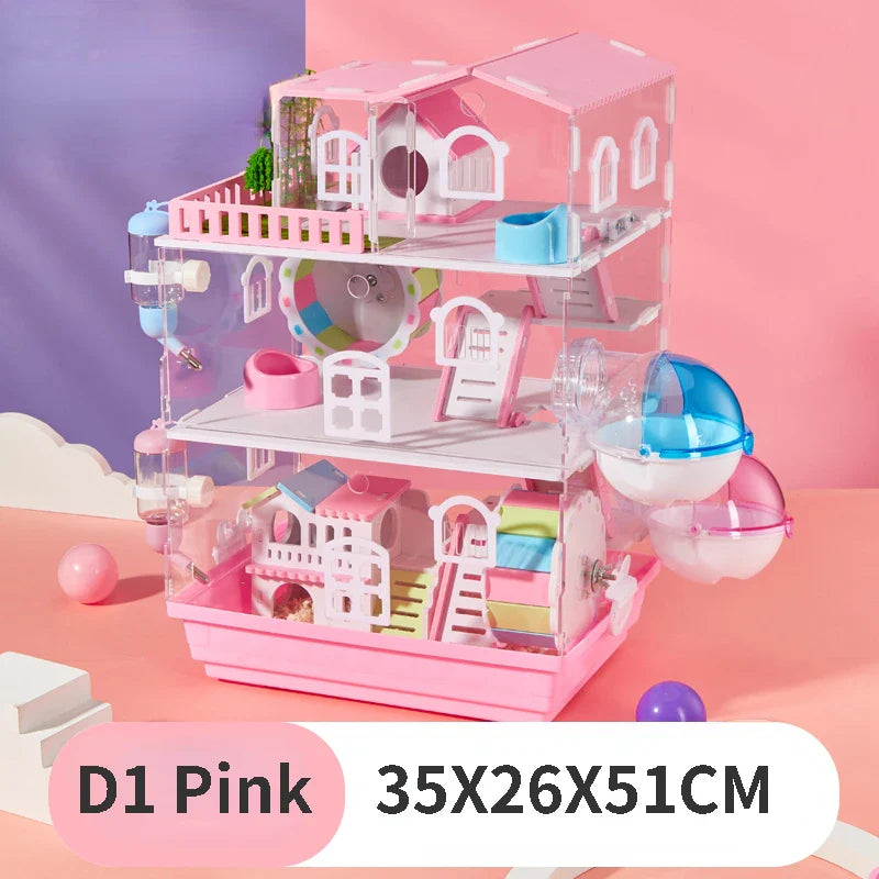 2/3 Layers Transparent Hamster Cage Acrylic Small Animal Hedgehogs Rabbit Guinea Pig Villa Package Supplies Toy Set