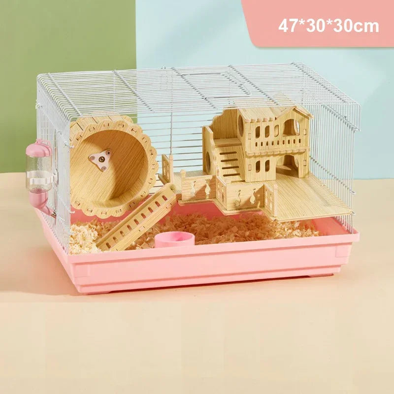 Luxury Hamster Cage Large Space Villa Two Layer Platform Small Animal Hedgehogs Guinea Pig House Stairs Running Wheel Toy Set