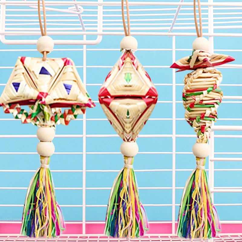 1 Pcs Pet Parrot Bird Chew Toys Handmade Natural Straw  Chewing Bite Hanging Cage Bell Swing Climb Playing Pendant