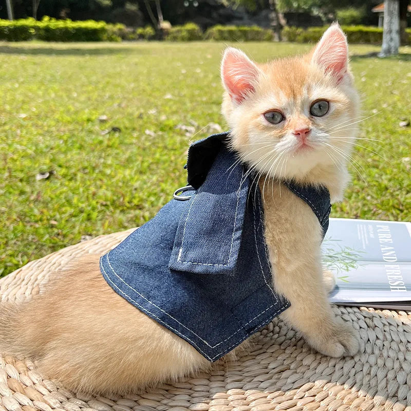 18kg Denim Dog Harness Durable Polyester Versatile Pet Vest Dress Walking Leash Accessories Bow Tie Big Dogs Clothes for Cats