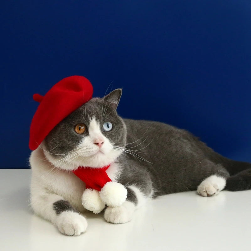 Pet Cat Hat Headgear Fine Workmanship Cashmere Elegant Soft Beret Bow Tie Collar Decoration Dogs Cap Beret For Decor New Year