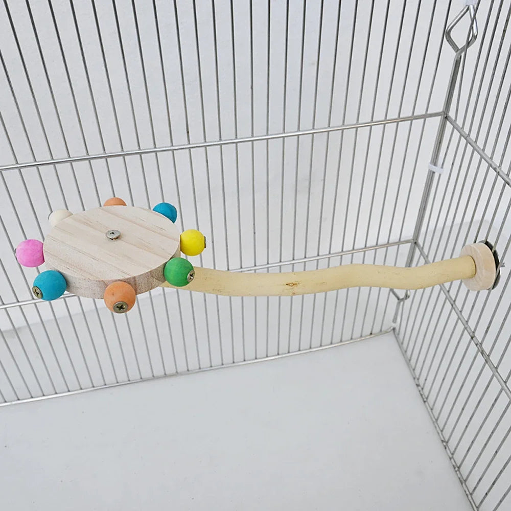 Funny Perch Toy with Rotating Balls Wood Interactive Bird Stand Colorful Parrot Foraging Rotating Windmill Toy