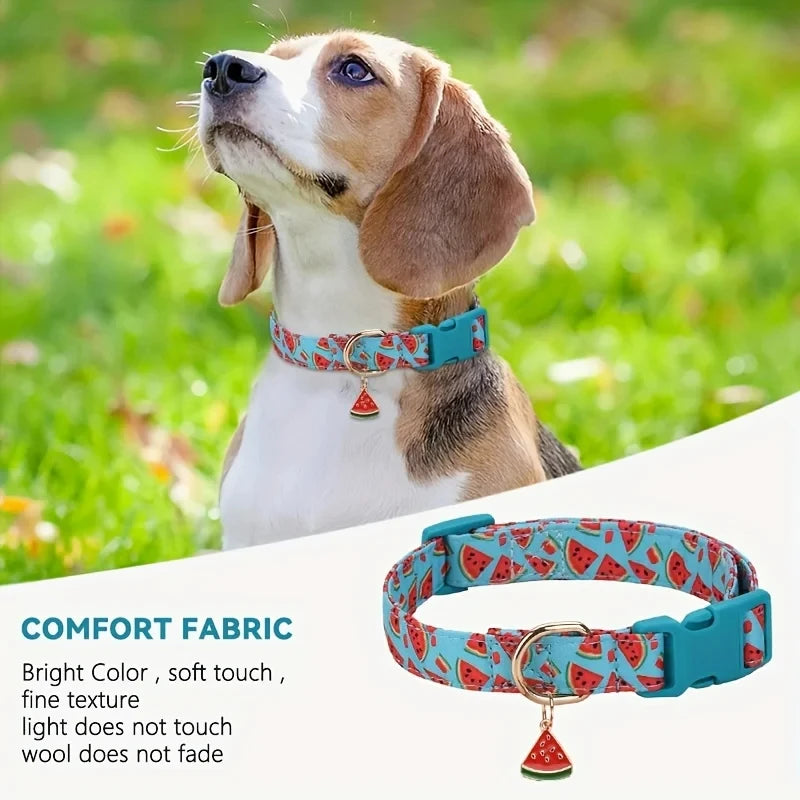1pcs Fruit Print Polyester Dog Collar Set with Adjustable Buckles and Zinc Alloy Rings Stylish and Durable, Machine Washable
