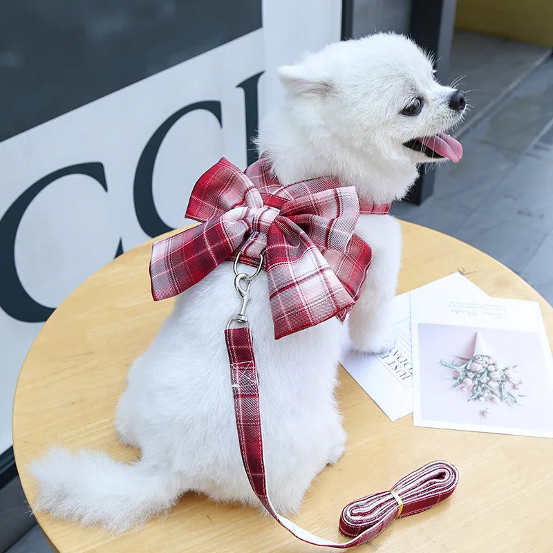 Bow Dog Collar Skirt Cute Pet Harness with Breast Strap Traction Rope Cat Dogs Clothes Harness Vest Princess Tutu Dress Skirt