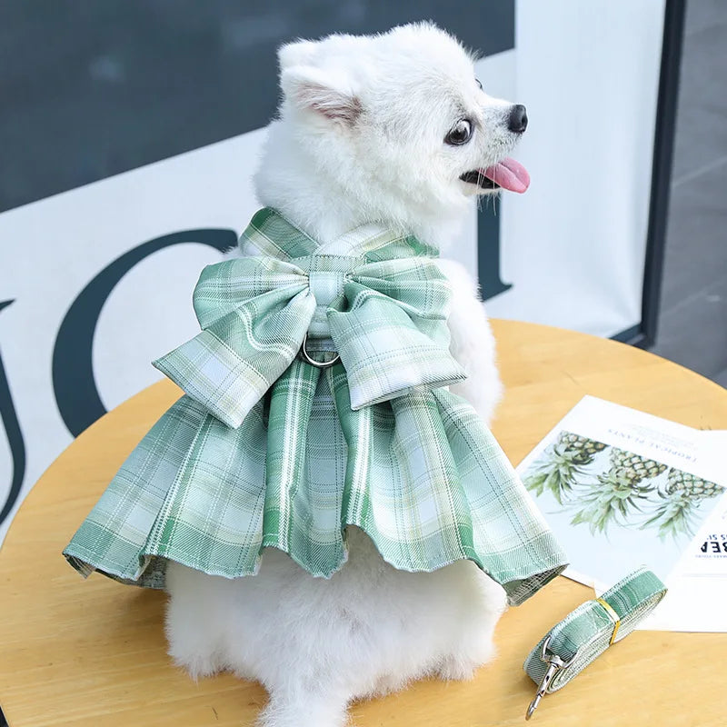Bow Dog Collar Skirt Cute Pet Harness with Breast Strap Traction Rope Cat Dogs Clothes Harness Vest Princess Tutu Dress Skirt