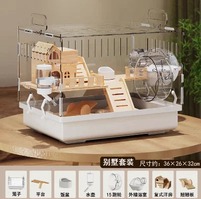 ‌Large Acrylic Hamster Cage - Transparent Luxury Villa Habitat for Golden Hamster Easy Clean Small Animal House with Accessories