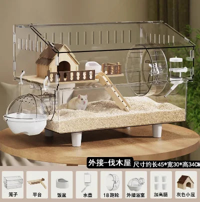 ‌Large Acrylic Hamster Cage - Transparent Luxury Villa Habitat for Golden Hamster Easy Clean Small Animal House with Accessories