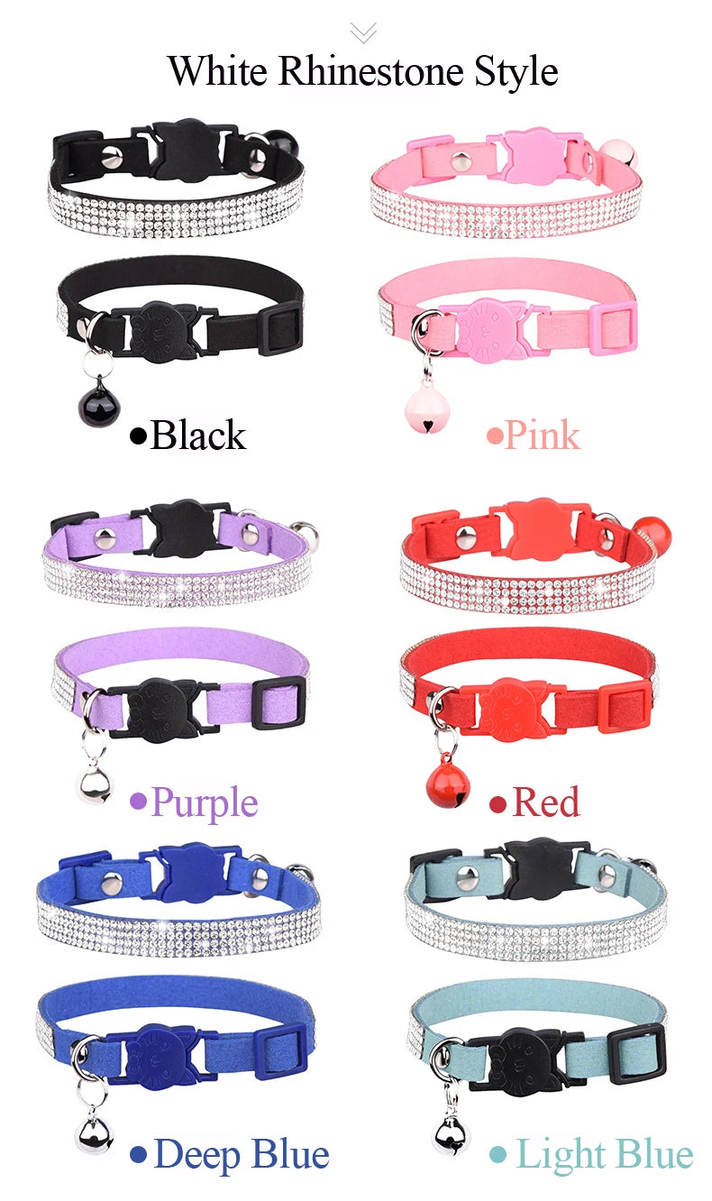 Small Cat Collar Rhinestone Breakaway Shiny Pet Goats Necklace Collier Chain Quick Release Safety Soft Suede Luxury for Kitten