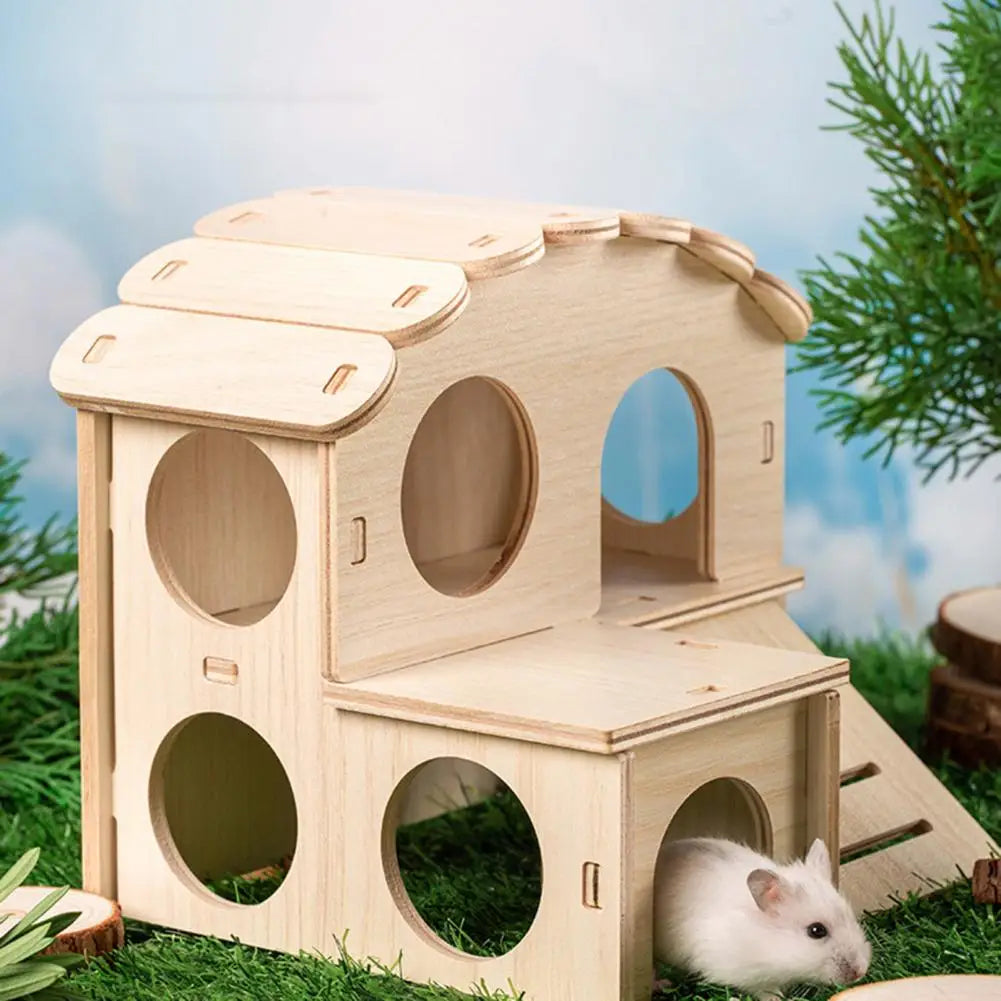 Wooden Hamster House Swing Sleeping Nest, Multi-Holes, Breathable Double Layer, Fun Toys, Small Pet Supplies
