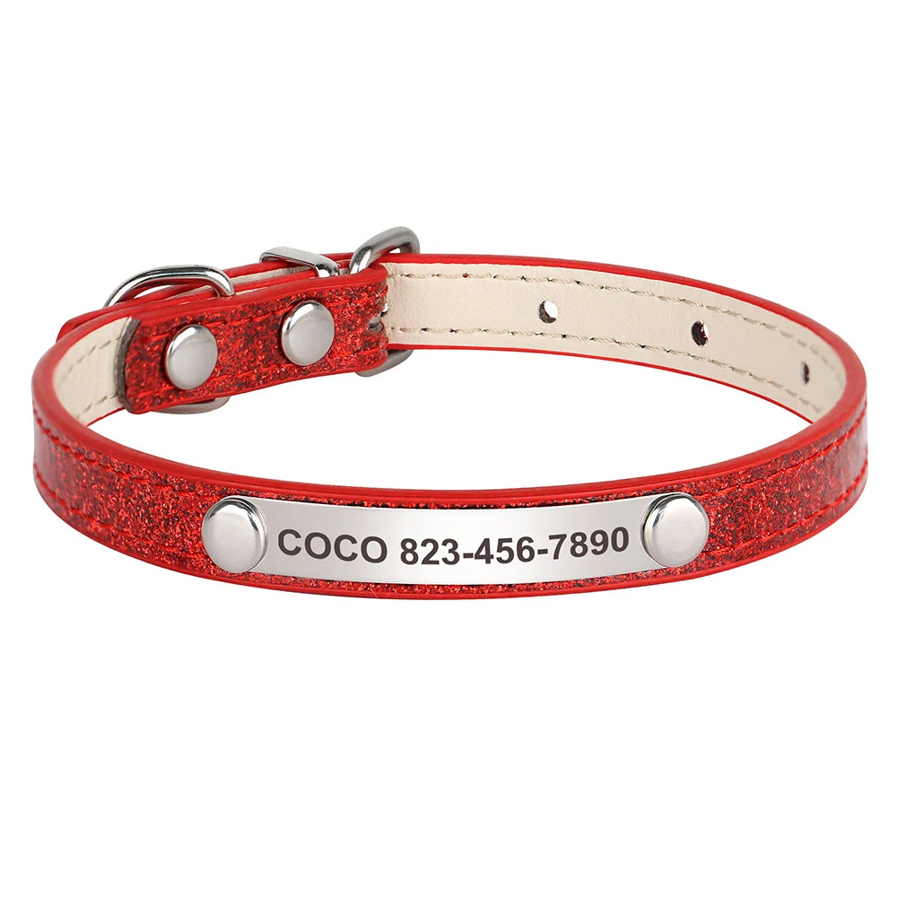 Personalized Cat Collar Custom Leather Cat Collars Free Engraved Puppy Kitten ID Necklace Bling Pet Collars for Small Dogs Cats