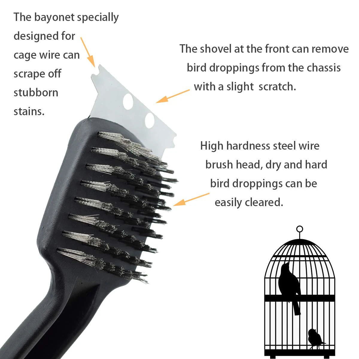 Stainless Steel Bird Poop Cleaning Brush with Scraper, Birdcage Accessory for Parrot and Cage