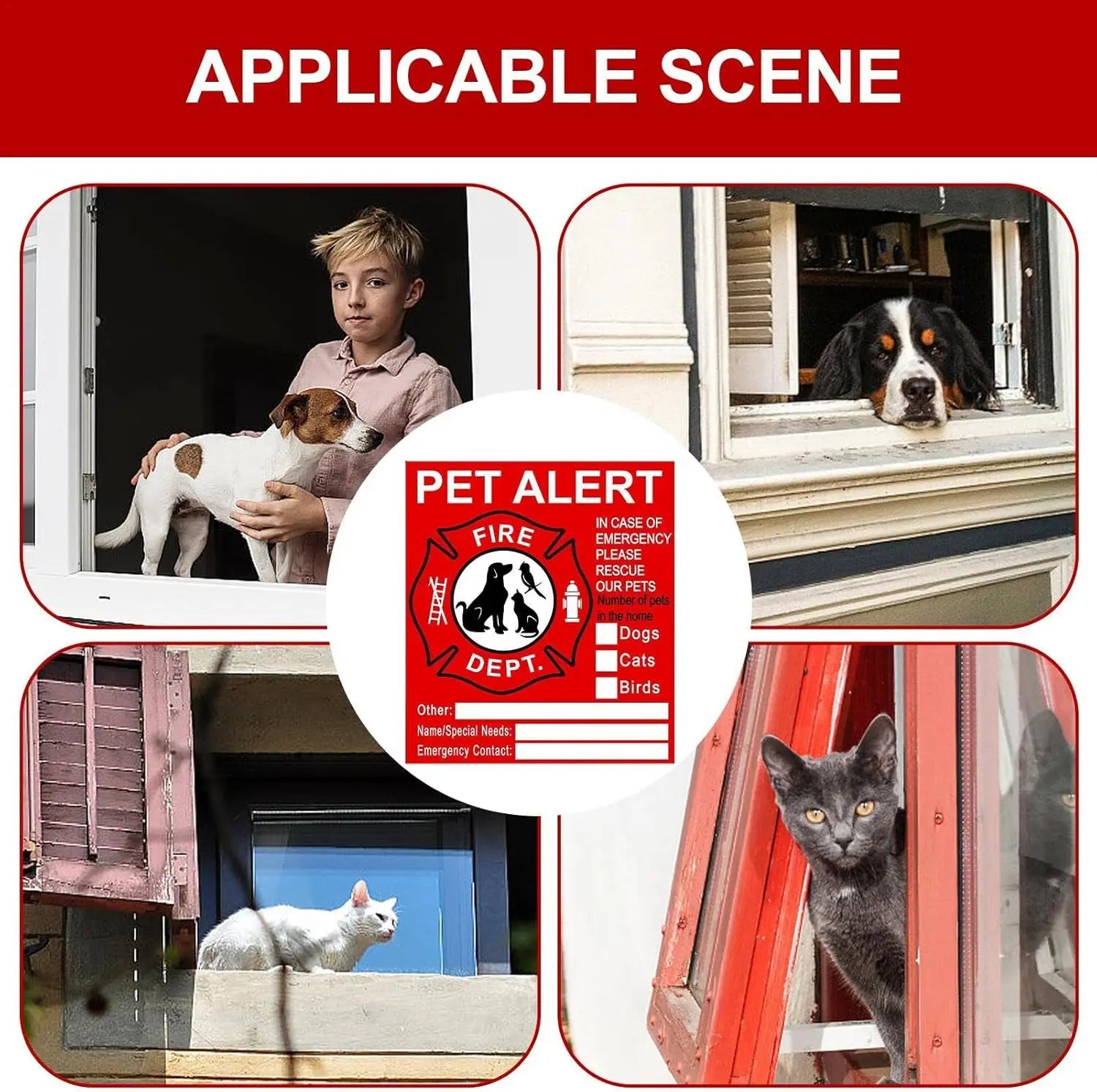 Pet Alert Stickers Static Cling Window Decals Emergency Pets Rescue Sign - NO Adhesive, Removable, UV Resistant