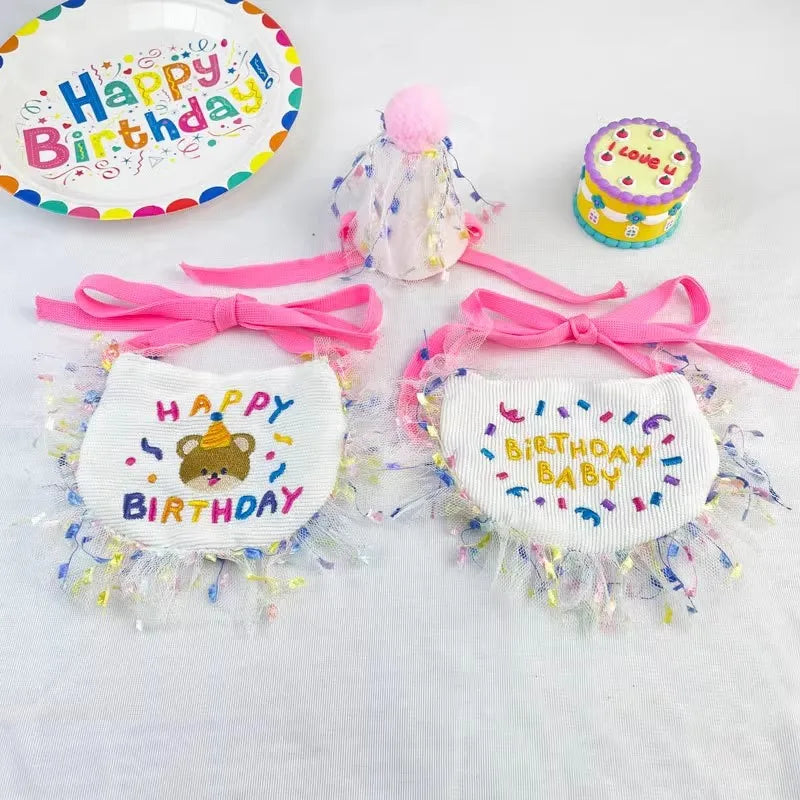 Pet Birthday Bib And Tassels Hat Cat Dog Party Lace Scarf Saliva Towel Pets Birthday Dress Up Supplies