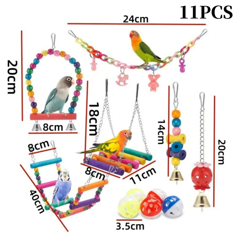 Parrots Wood Toys Cockatiel Toys Bird Cage Swing Hammock Chewing Toy Colorful Parakeet Wooden Hanging Bell Parrot Training Toys