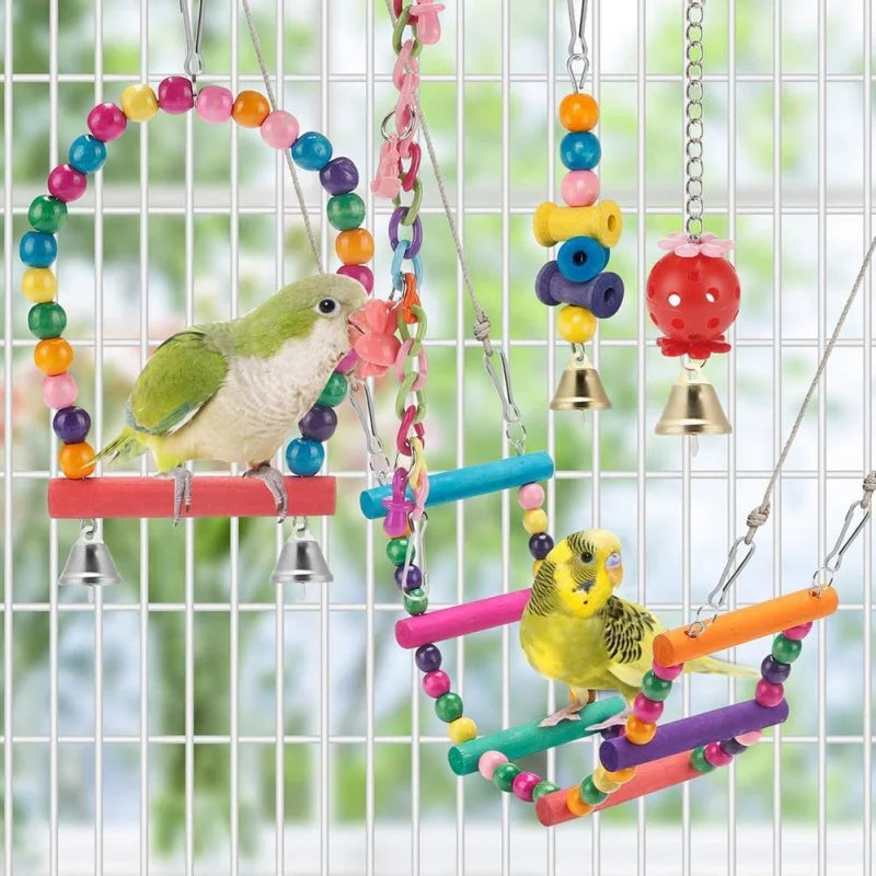 Parrots Wood Toys Cockatiel Toys Bird Cage Swing Hammock Chewing Toy Colorful Parakeet Wooden Hanging Bell Parrot Training Toys