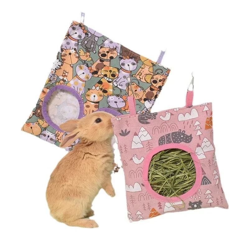 Rabbit Hay Feeding Bags 1/2/3 Holes Cartoon Printed Guinea Pigs Hanging Feeder Chinchilla Food Organizer Pet Cage Supplies