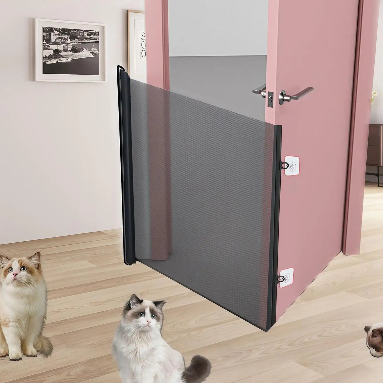 Retractable Pet Gate Anti-Escape Reinforced Mesh No-Drill Safety Barrier for Puppies Kittens Stairs Hallway Balcony
