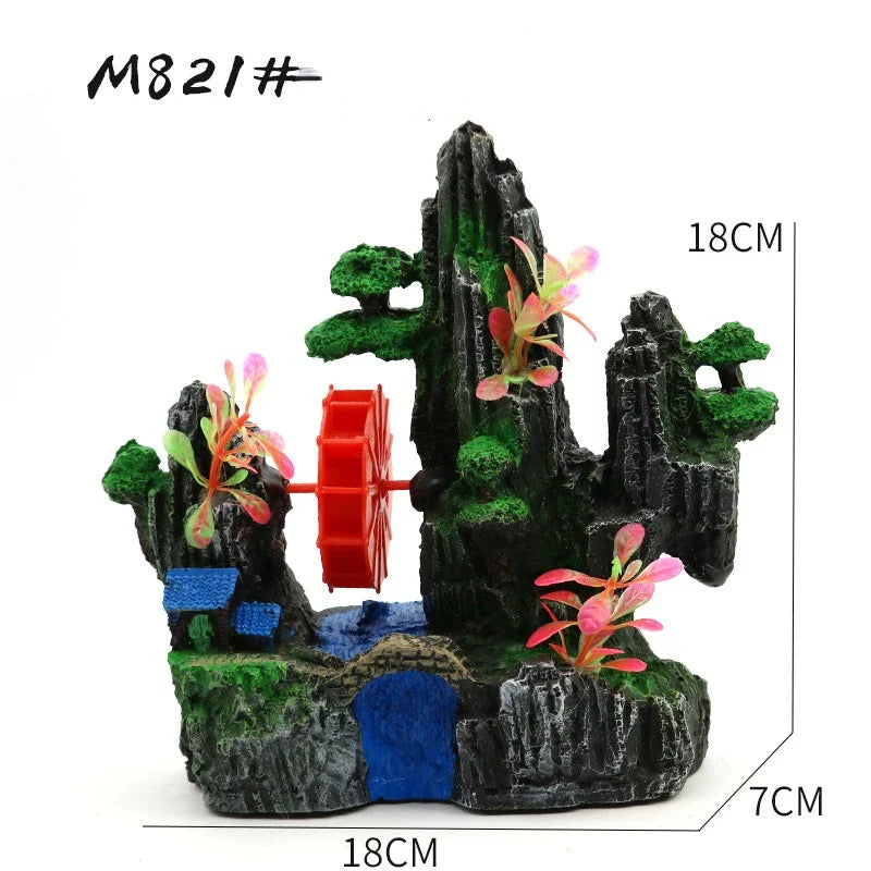 Fish Tank Landscaping Waterwheel Rock Mountain Decor Air Maker Resin Decoration Castle Fish Shrimp Shelter Aquarium Accessories