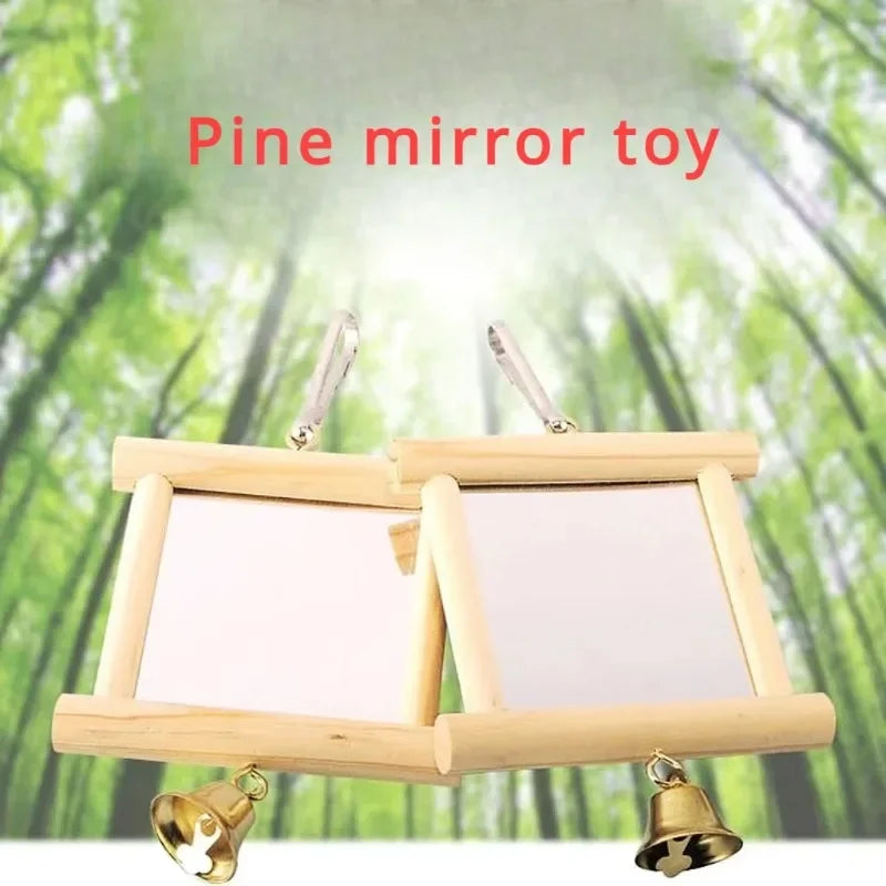 1 Pcs Pet Solid Wood Mirror Parrot Bird Mirror Fun Standing Pine Toy Birds Accessories with Bells Wood Toys Bird Accessories