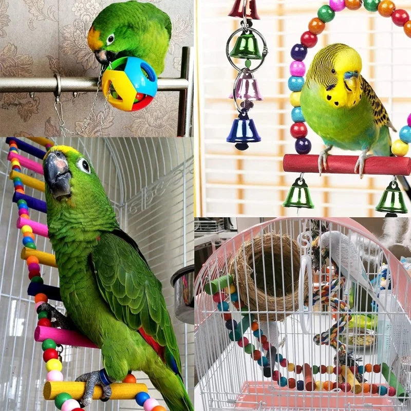 Parrots Wood Toys Cockatiel Toys Bird Cage Swing Hammock Chewing Toy Colorful Parakeet Wooden Hanging Bell Parrot Training Toys