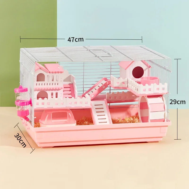 Luxury Hamster Cage Large Space Villa Two Layer Platform Small Animal Hedgehogs Guinea Pig House Stairs Running Wheel Toy Set