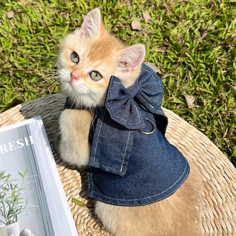 18kg Denim Dog Harness Durable Polyester Versatile Pet Vest Dress Walking Leash Accessories Bow Tie Big Dogs Clothes for Cats