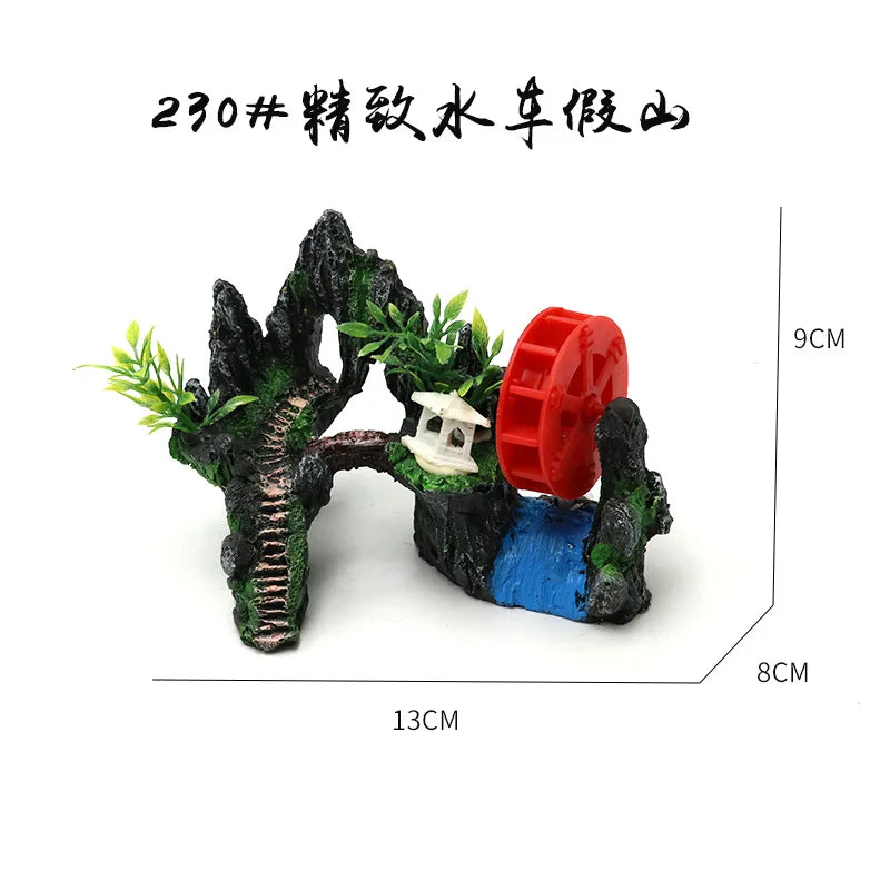 Fish Tank Landscaping Waterwheel Rock Mountain Decor Air Maker Resin Decoration Castle Fish Shrimp Shelter Aquarium Accessories