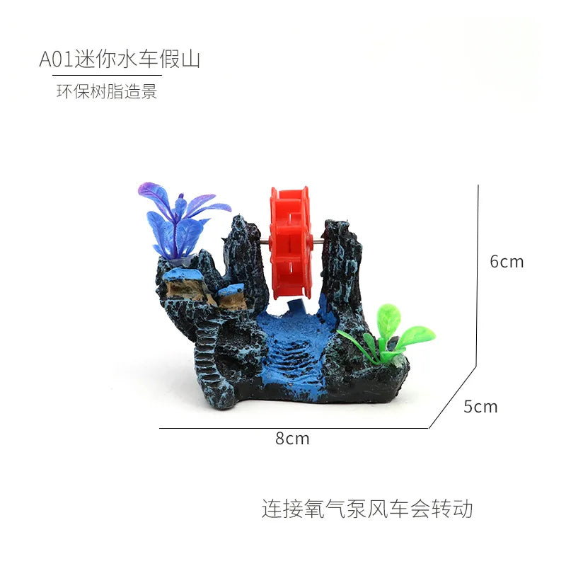 Fish Tank Landscaping Waterwheel Rock Mountain Decor Air Maker Resin Decoration Castle Fish Shrimp Shelter Aquarium Accessories