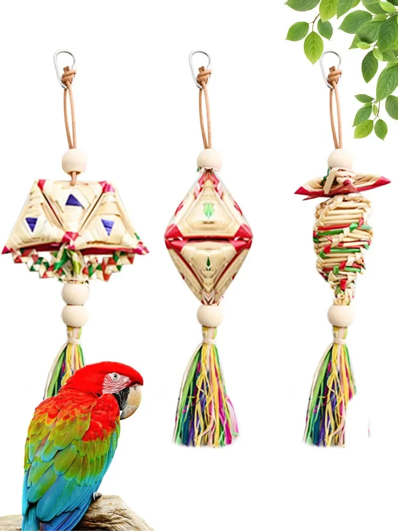 1 Pcs Pet Parrot Bird Chew Toys Handmade Natural Straw  Chewing Bite Hanging Cage Bell Swing Climb Playing Pendant