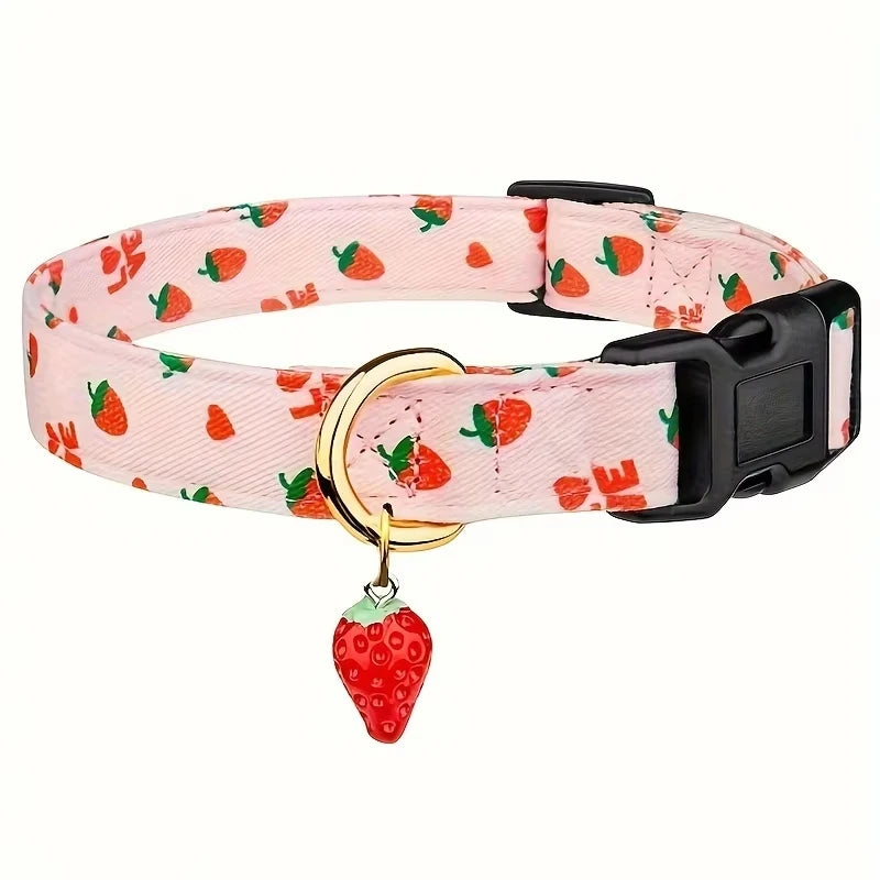 1pcs Fruit Print Polyester Dog Collar Set with Adjustable Buckles and Zinc Alloy Rings Stylish and Durable, Machine Washable