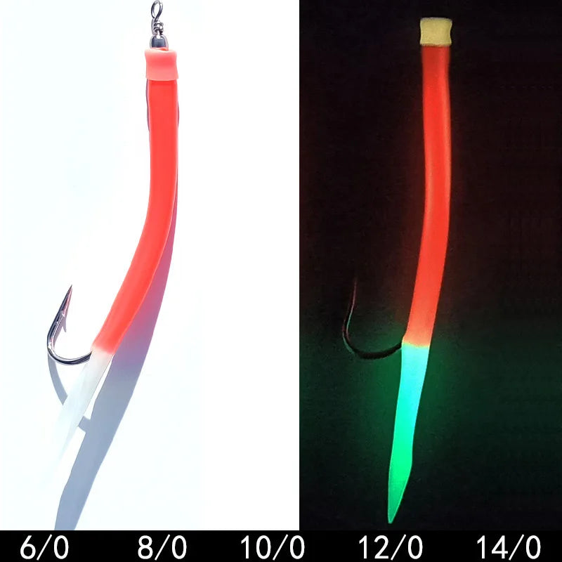5pcs/Lot Luminous Red with Flasher Codfish Tuna Fishing Sea Sabiki Rig 6/0-14/0 Glow Sea Fishing Hooks Boat Fishing Accessories