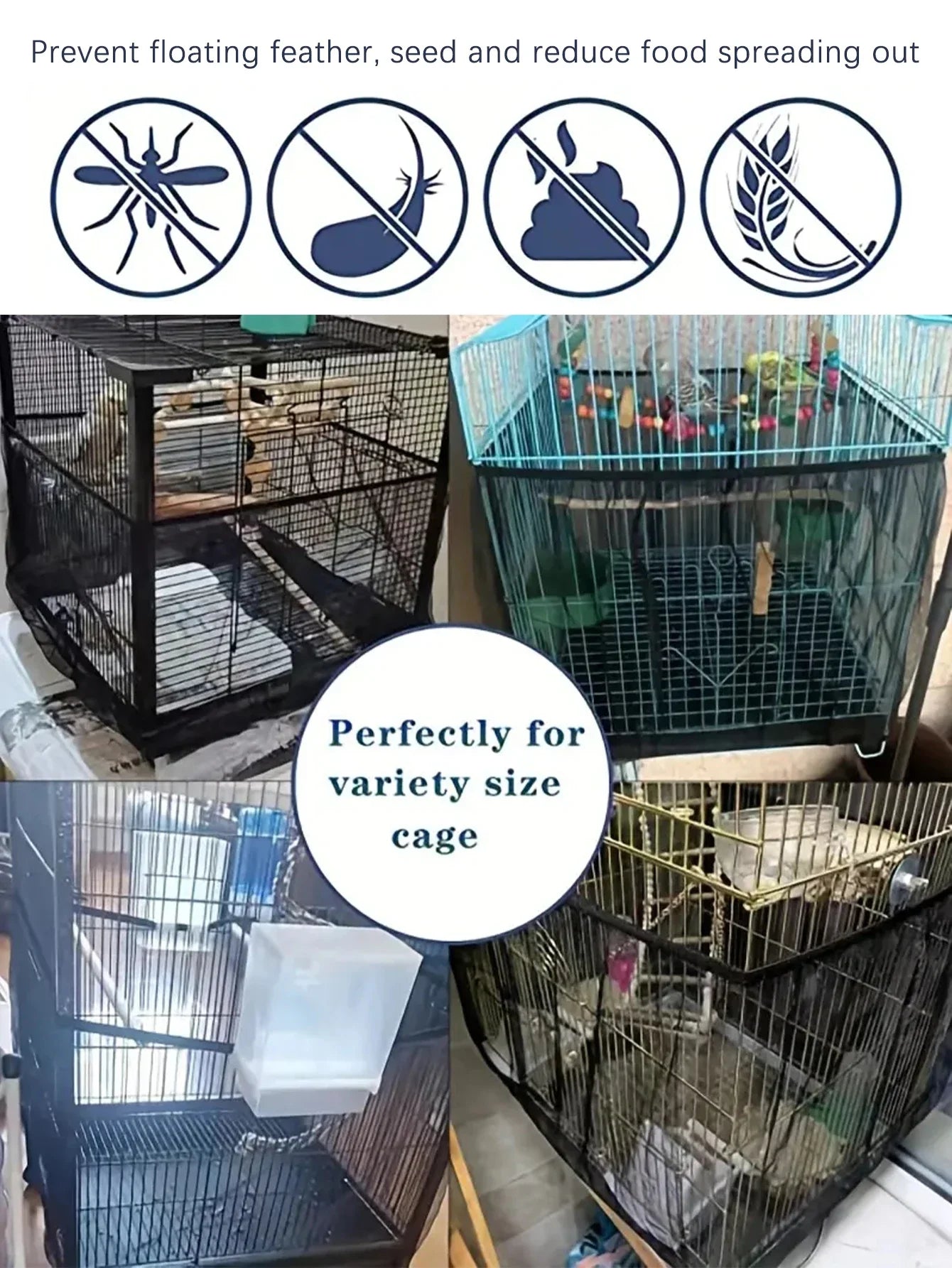 Adjustable Bird Cage Net Cover Birdcage Seed Feather Catcher Soft Skirt Guard Birdcage Nylon Mesh Netting for Round Square Cages