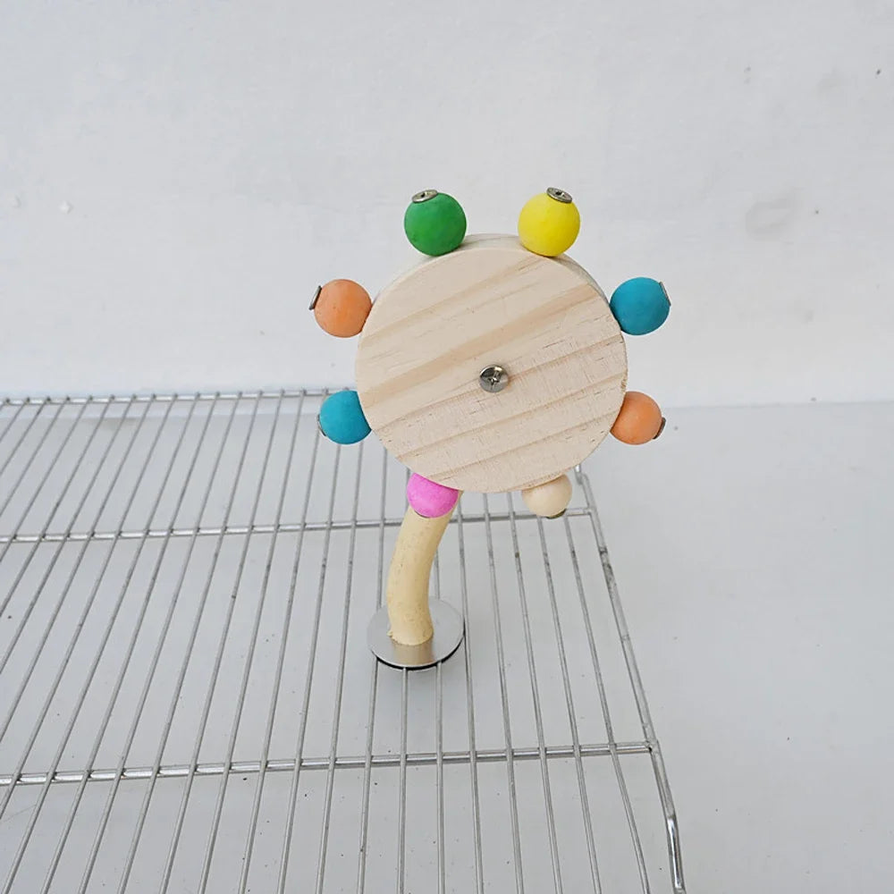 Funny Perch Toy with Rotating Balls Wood Interactive Bird Stand Colorful Parrot Foraging Rotating Windmill Toy