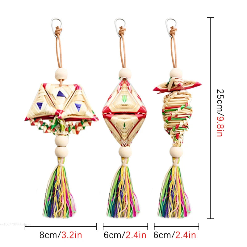 1 Pcs Pet Parrot Bird Chew Toys Handmade Natural Straw  Chewing Bite Hanging Cage Bell Swing Climb Playing Pendant
