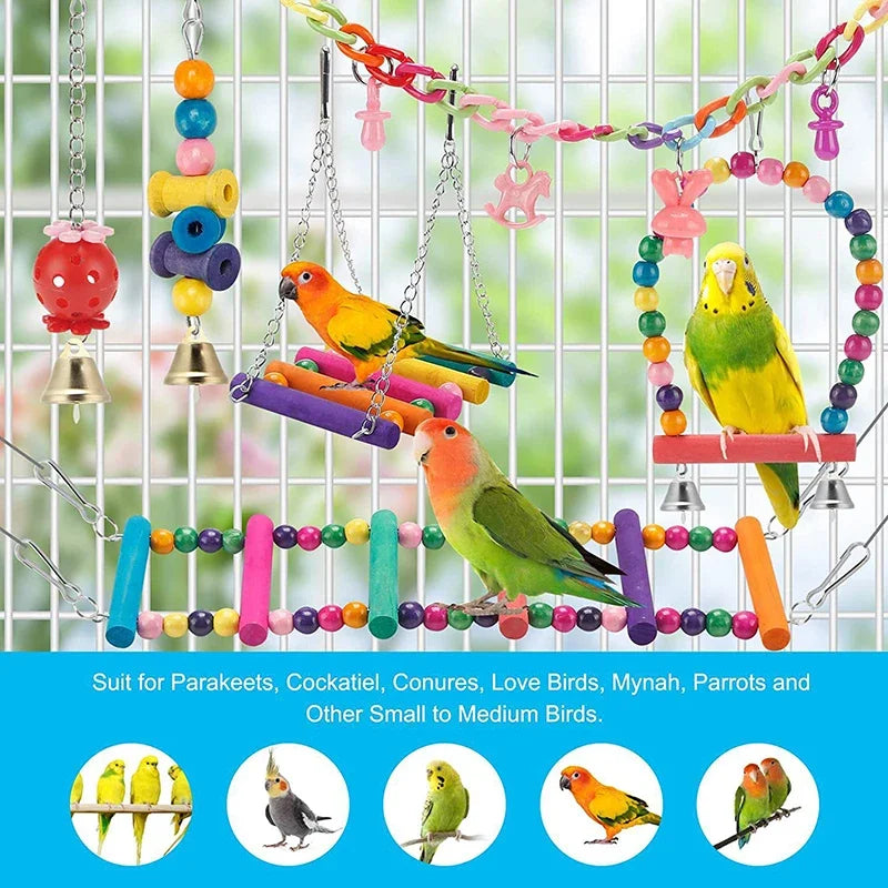Parrots Wood Toys Cockatiel Toys Bird Cage Swing Hammock Chewing Toy Colorful Parakeet Wooden Hanging Bell Parrot Training Toys