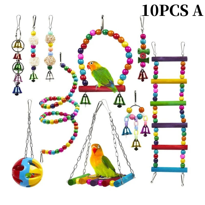 Parrots Wood Toys Cockatiel Toys Bird Cage Swing Hammock Chewing Toy Colorful Parakeet Wooden Hanging Bell Parrot Training Toys