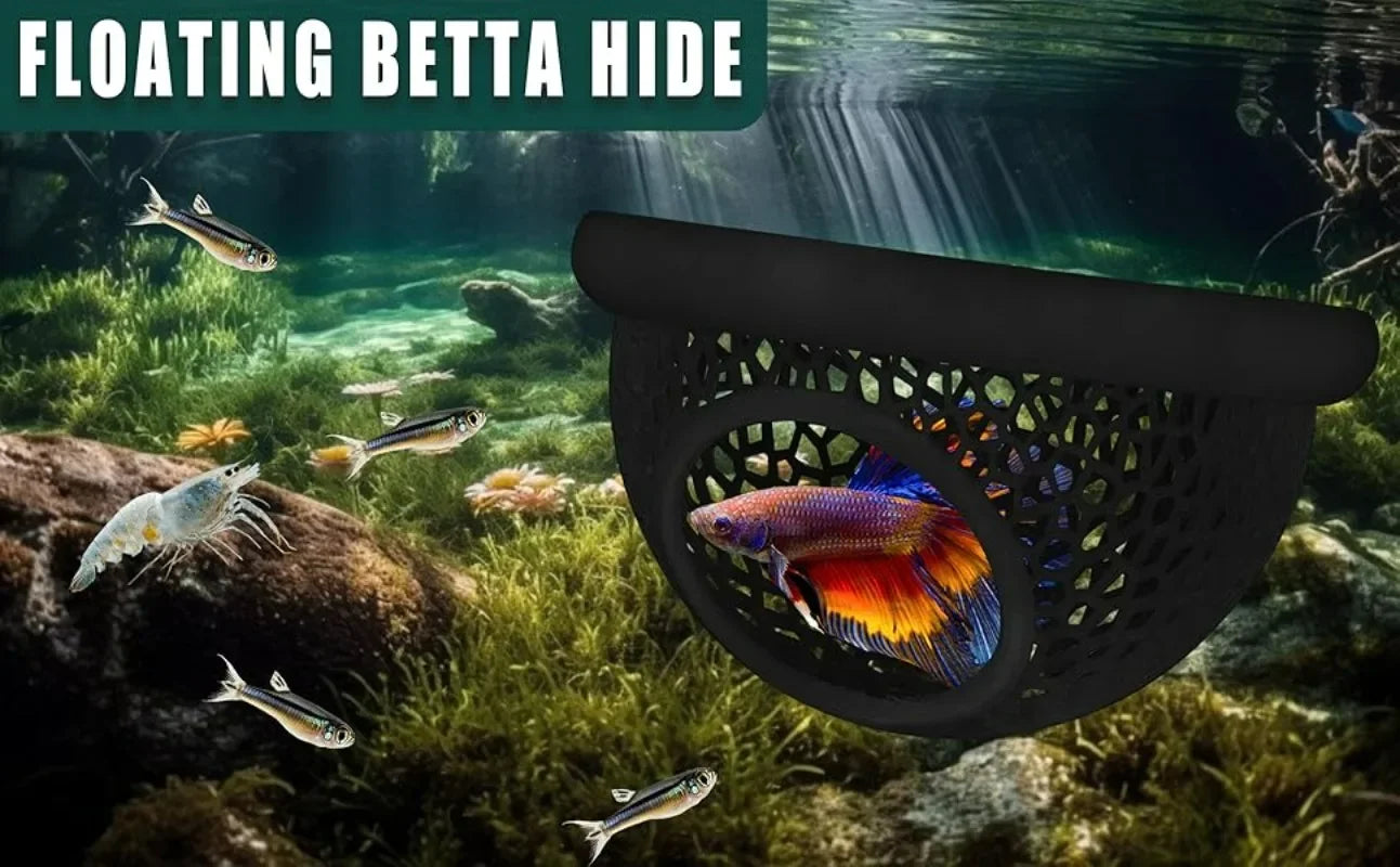 Aqaurium Floating Cave Fish Shrimp Hideout Shelter 3-in-1 Hammock Feeding Ring & Resting Spot for Betta Small Aquatic Pets